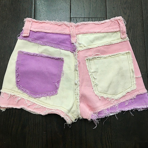 Jaded London Hot Pant Cut-Off Jean Shorts in Purple Pink Denim Patchwork - Picture 3 of 16